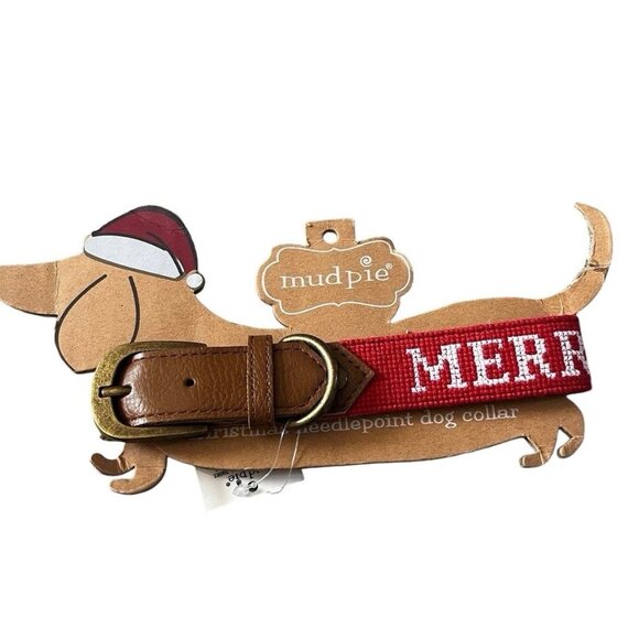 Mud Pie Red Needlepoint Dog Collar Small Merry Christmas Holiday - Picture 1 of 4